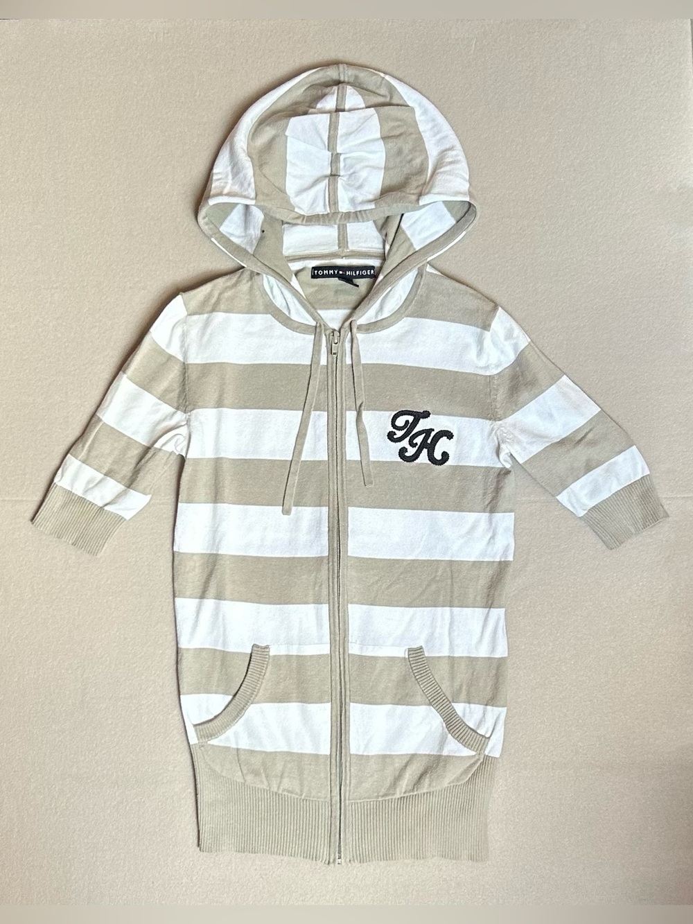 💜 Tommy Hilfiger Beige/Grey & White Striped Hooded Zip Cardigan